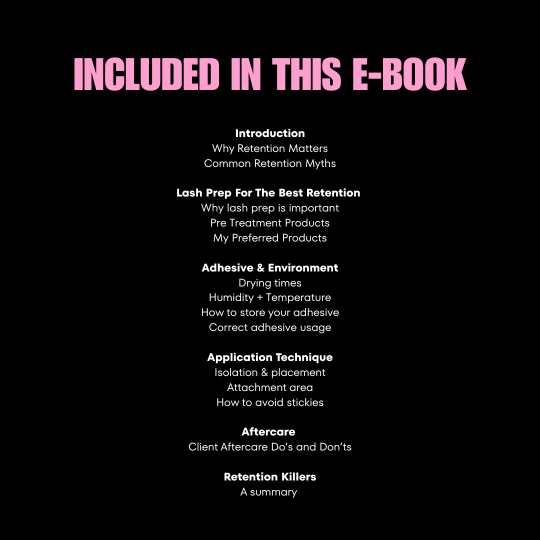 Table of contents for an e-book on lash retention with pink text on a black background